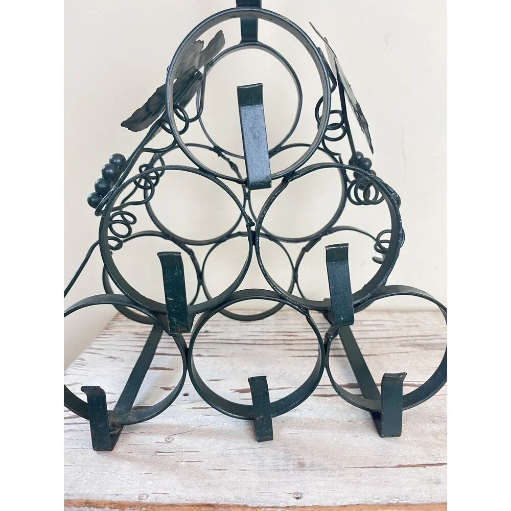 Vintage MCM Rustic Metal Ornate Grape Leaves 6 Wine Bottle Holder W/ Handle 14”